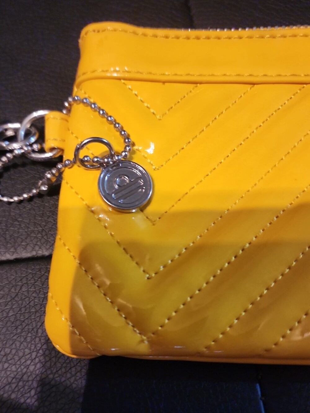 Big Buddha Yellow Patent Wristlet Clutch with Chevron Stitching - Picture 2 of 7